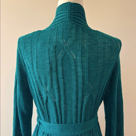 Anthro Knitted & Knotted Teal Open-Front Silk Trim Cardigan Sweater Size M NWT - Picture 6 of 15